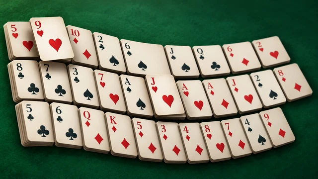 Accordion Solitaire cover with card piles spread in curved rows
