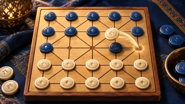 Alquerque cover with blue and ivory counters on a board with diagonal connections