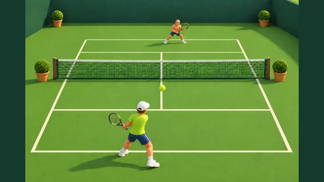 Arcade Tennis cover with two players and a ball on a green court