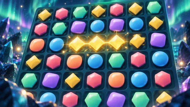 Aurora Match cover with three glowing yellow diamonds among pink, green, blue and violet tiles