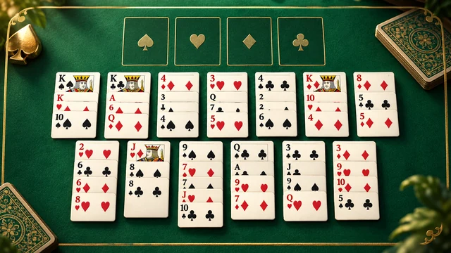 Baker's Dozen Solitaire cover with thirteen card piles and four golden suit foundations
