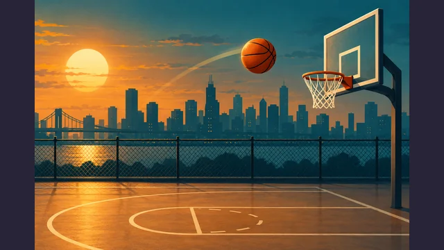 Basketball Shooting cover with a ball and hoop on a sunset court