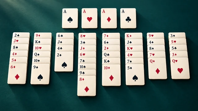Beleaguered Castle Solitaire cover with eight card columns and four aces