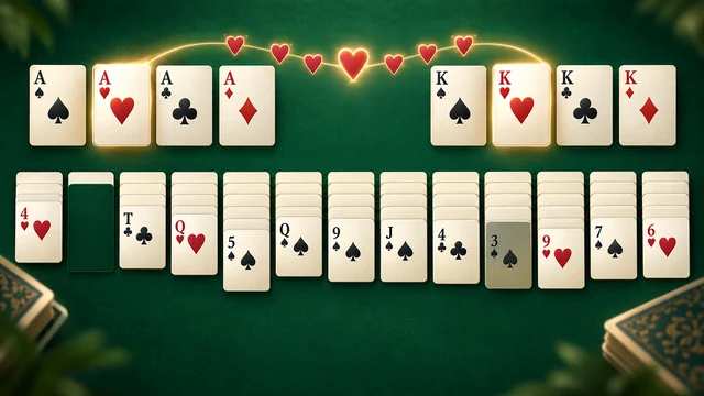 Bisley Solitaire cover with aces and kings above thirteen card columns