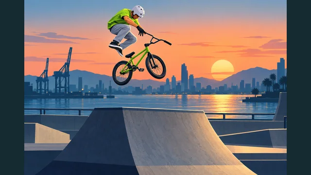 BMX Stunt Park cover with a rider jumping a ramp beside the harbor at sunset