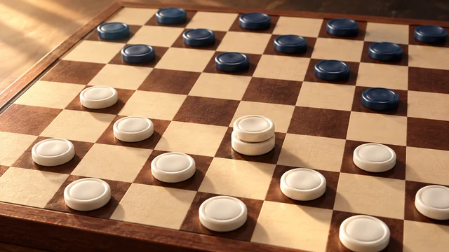 Brazilian Draughts cover with ivory and black counters on a wooden checkerboard