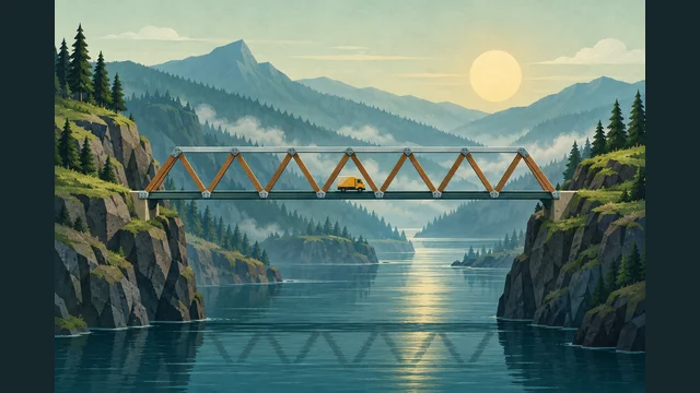 Bridge Builder cover with a yellow truck on a triangular bridge between mountains