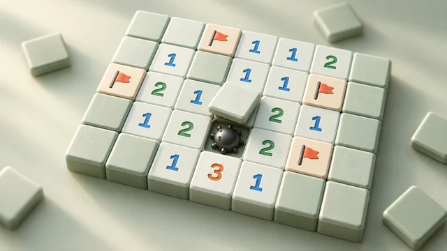 Minesweeper Field Ops cover with colored numbers, red flags and a mine on a sage background