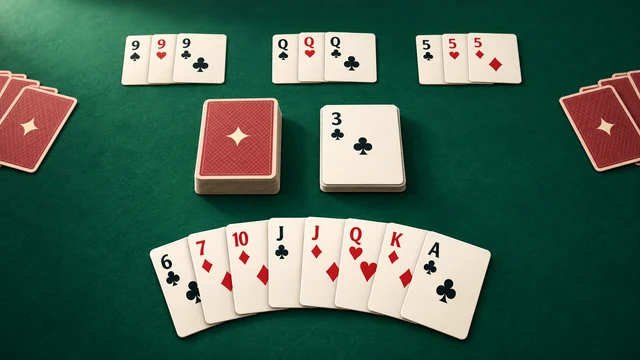 Canasta cover with melds of nines, queens and fives on green felt