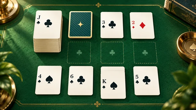 Canfield Solitaire cover with a card reserve, four short columns and a two of diamonds on green felt