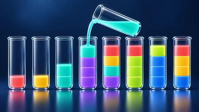 Chromatic Flow cover with a tube pouring cyan liquid among glass tubes with colored layers