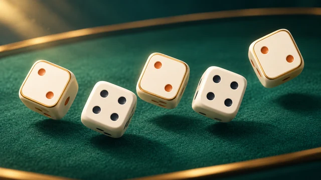 Five Dice cover with five ivory dice with black and golden pips on green felt
