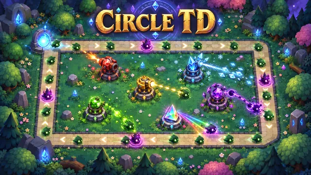 Circle TD cover with colorful gemstone towers defending a closed circuit on grass