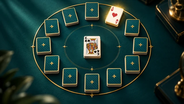 Clock Solitaire cover with card piles arranged around a central king