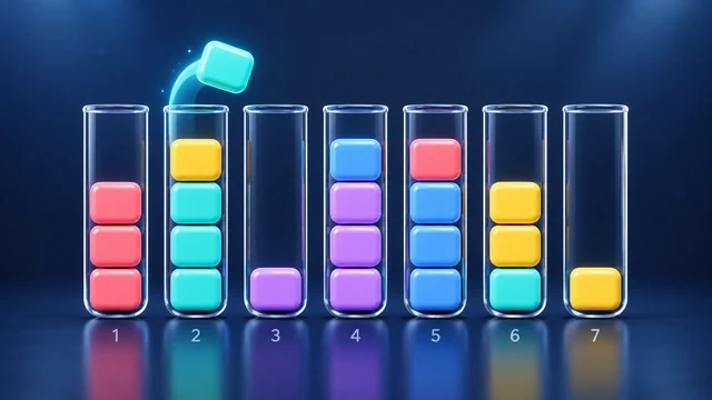 Color Sort cover with colored pieces stacked in clear tubes and a cyan piece in motion