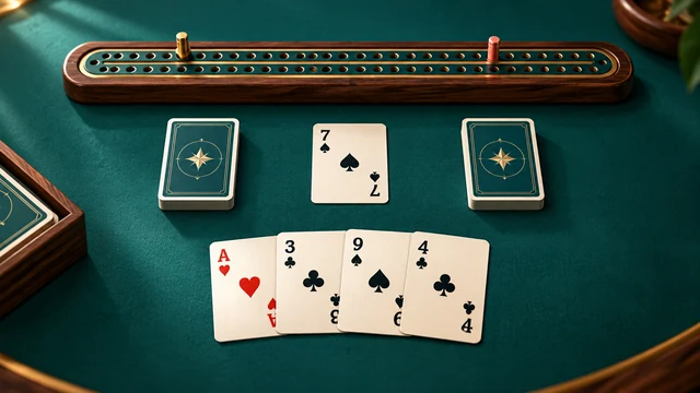 Cribbage cover with playing cards and a wooden scoring board with gold and coral pegs