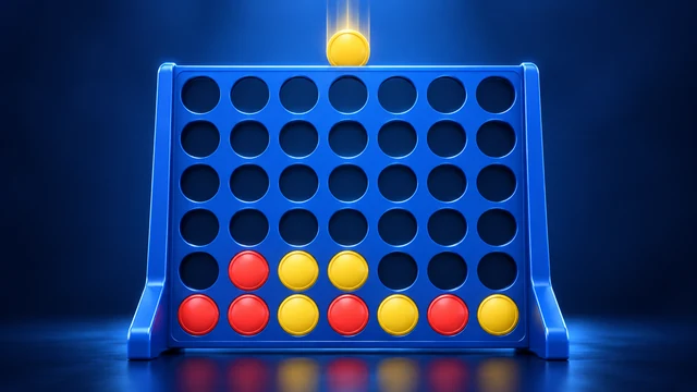 Four in a Row cover with red and yellow discs in a blue vertical board