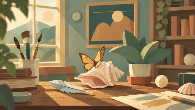 Curiosity Cabinet cover with illustrated butterflies, shells and plants in cream and sage tones