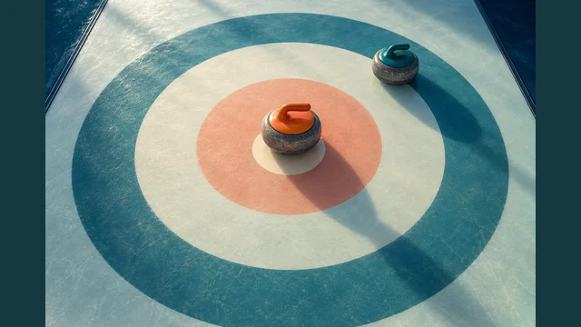 Curling Precision cover with orange and turquoise stones on an ice target