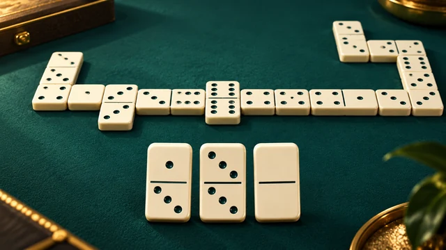Dominoes cover with a chain of ivory tiles and three tiles in the foreground on green felt