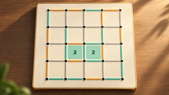 Dots and Boxes cover with gold and teal lines enclosing two squares