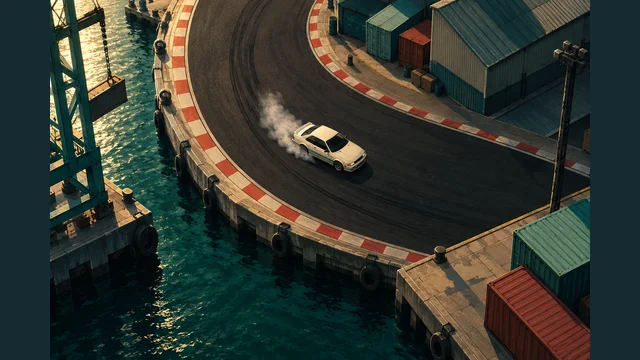 Drift Time Trial cover with a white car drifting around a harbor corner