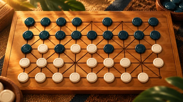 Fanorona cover with dark and ivory counters on a wooden board with diagonal lines