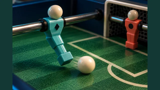 Foosball cover with a turquoise player, ball and coral goalkeeper on a green table