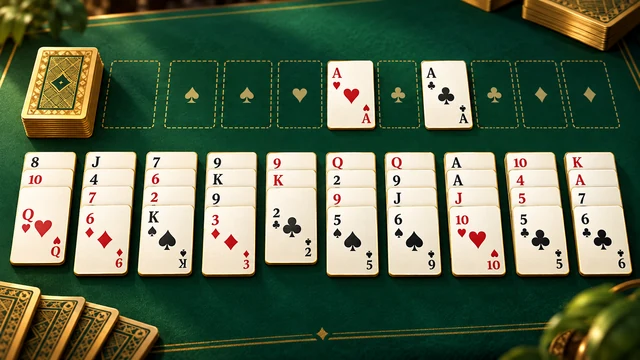 Forty Thieves Solitaire cover with gold-edged card columns and a deck on a green table