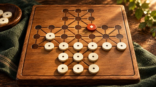 Fox and Geese cover with a coral counter facing ivory pieces on a cross-shaped board