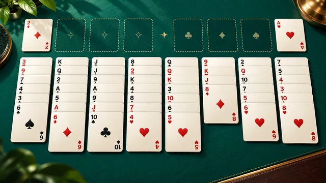 FreeCell Solitaire cover with eight face-up card columns beneath free cells and foundations on green felt