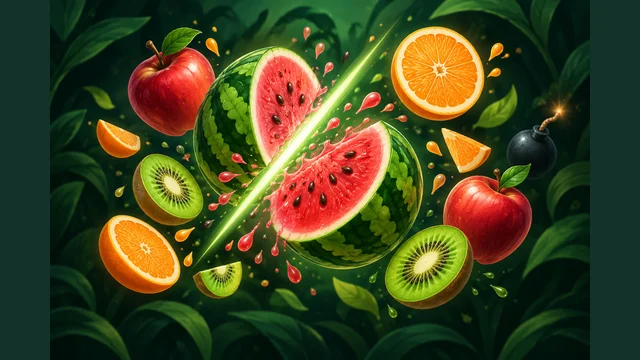 Fruit Slicing cover with sliced watermelon, apples, orange, kiwi and a bomb against a green background