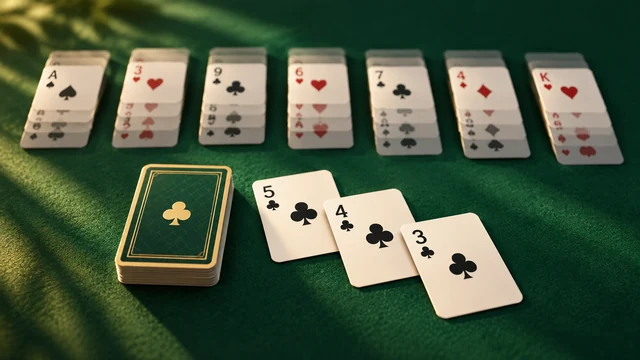 Golf Solitaire cover with card columns and a sequence of clubs on a green table