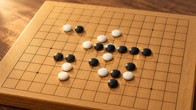 Gomoku cover with five aligned black stones among white stones on a wooden board