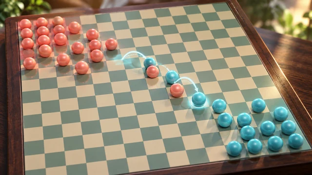 Halma cover with coral and turquoise pieces crossing a checkered board