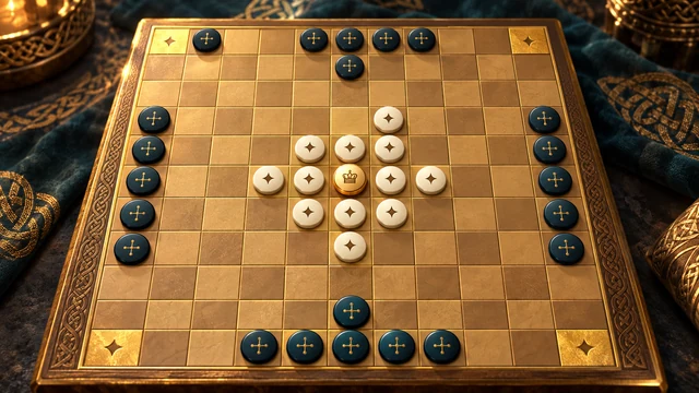 Hnefatafl cover with a golden king surrounded by ivory defenders and dark attackers