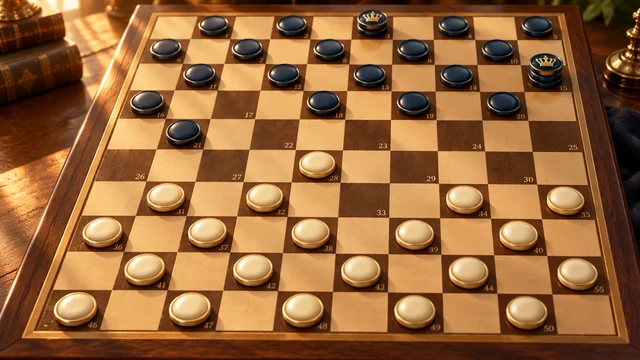 International Draughts cover with dark and golden counters on a ten-by-ten board