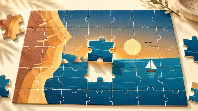 Jigsaw Puzzle cover with interlocking pieces showing a sailboat and a coast at sunset