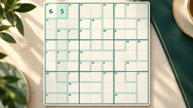 Killer Sudoku cover with dotted sum cages and a six and five