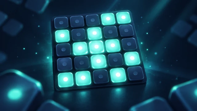 Light Grid cover with dark blue buttons and glowing turquoise lights