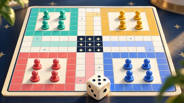 Ludo Casa cover with mint, golden, coral and blue playing pieces on a board beside a die