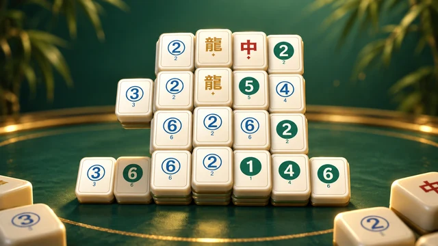 Mahjong 3D cover with stacked ivory tiles, blue and green numbers and red and gold symbols