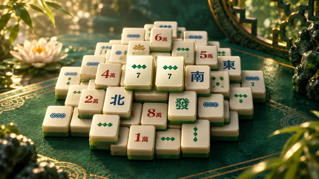 Mahjong Solitaire cover with ivory tiles, colorful markings and a green table