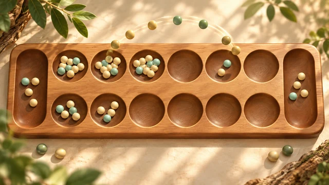 Mancala Grove cover with green and golden seeds moving across a wooden board with two rows of six pits