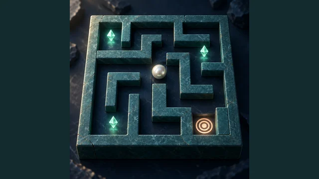 Marble Maze cover with a metallic marble, three crystals and a glowing exit in a stone labyrinth