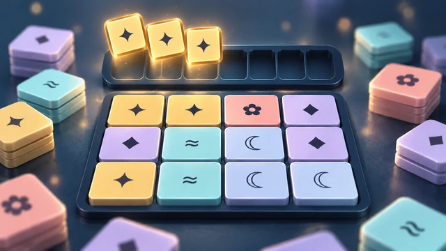 Mosaic Trio cover with three golden star tiles above a seven-slot tray