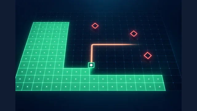 Neon Frontier cover showing green territory, an amber trail and red drones on a grid