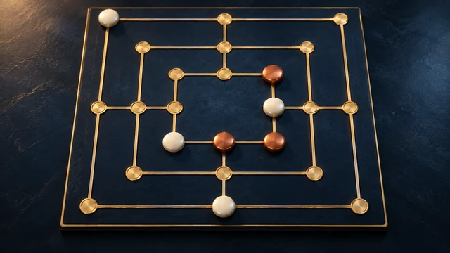 Nine Men's Morris cover with ivory and copper counters on three connected squares