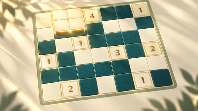 Nurikabe Islands and Sea cover with numbered cream cells surrounded by dark blue tiles
