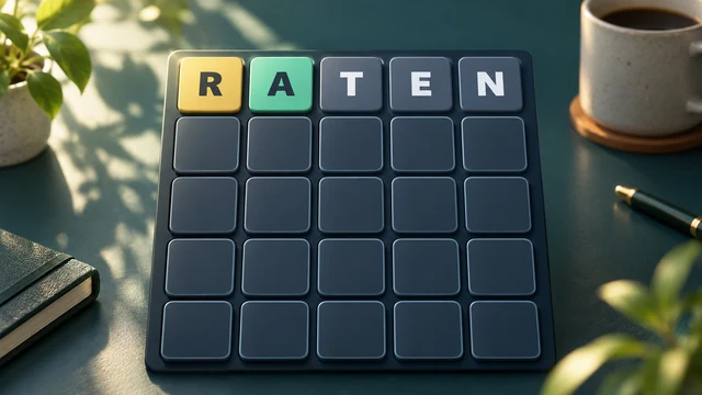 Daily Word Puzzle cover with letters in gold, green and gray tiles above empty grid rows